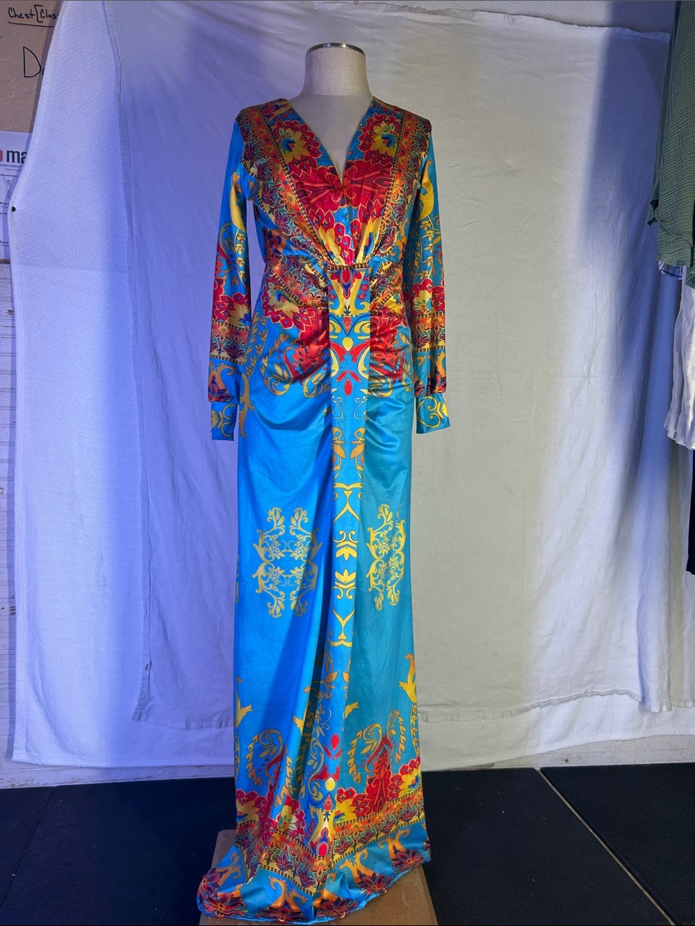 Vibrant Blue & Red Long Sleeve Maxi Dress